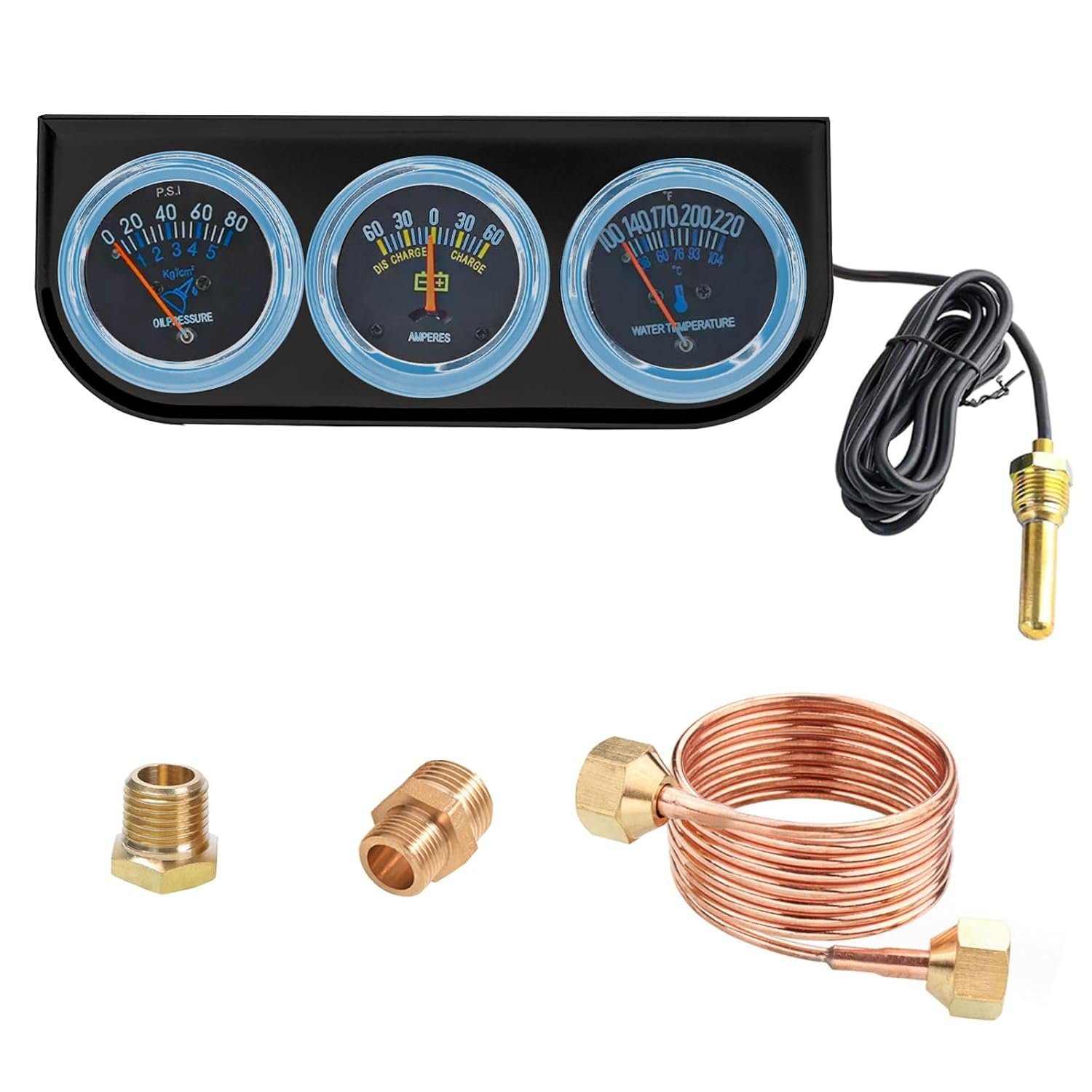 FPR-1030-BK Mechanical 2'' 52mm Chrome Triple Gauge Set Water Temp Oil Pressure AMP Meter - Ảnh 1